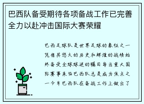 巴西队备受期待各项备战工作已完善全力以赴冲击国际大赛荣耀