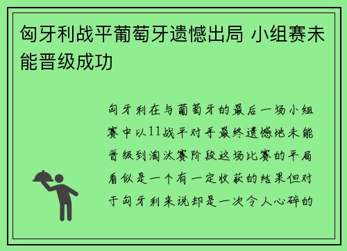 匈牙利战平葡萄牙遗憾出局 小组赛未能晋级成功