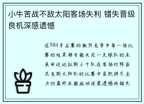 小牛苦战不敌太阳客场失利 错失晋级良机深感遗憾