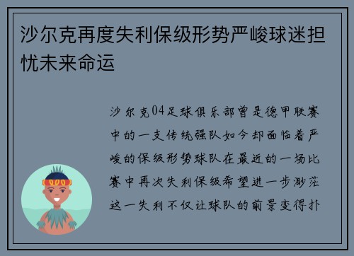 沙尔克再度失利保级形势严峻球迷担忧未来命运