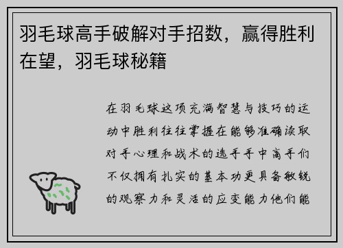 羽毛球高手破解对手招数，赢得胜利在望，羽毛球秘籍