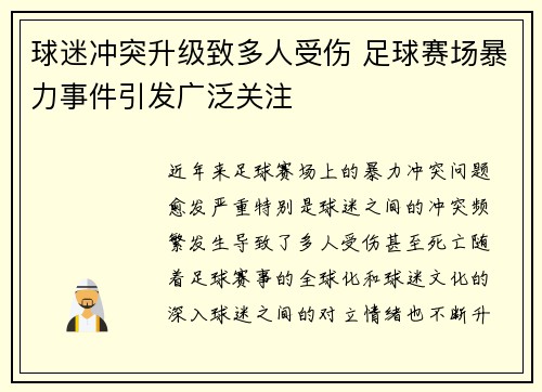 球迷冲突升级致多人受伤 足球赛场暴力事件引发广泛关注